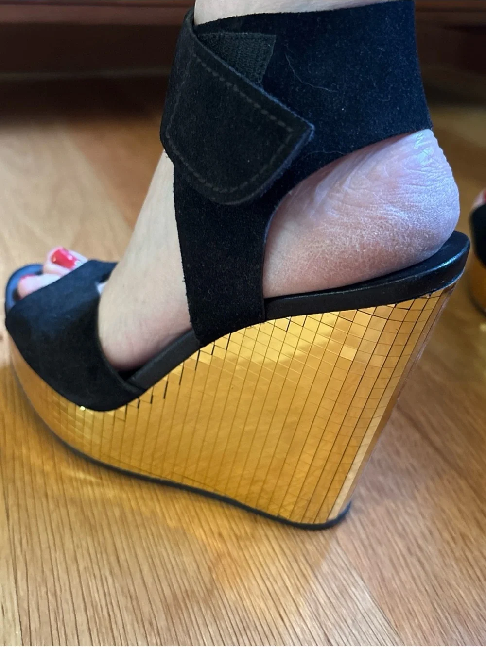 Pedro Garcia Black Suede & Gold disco Wedge Slide Sandals